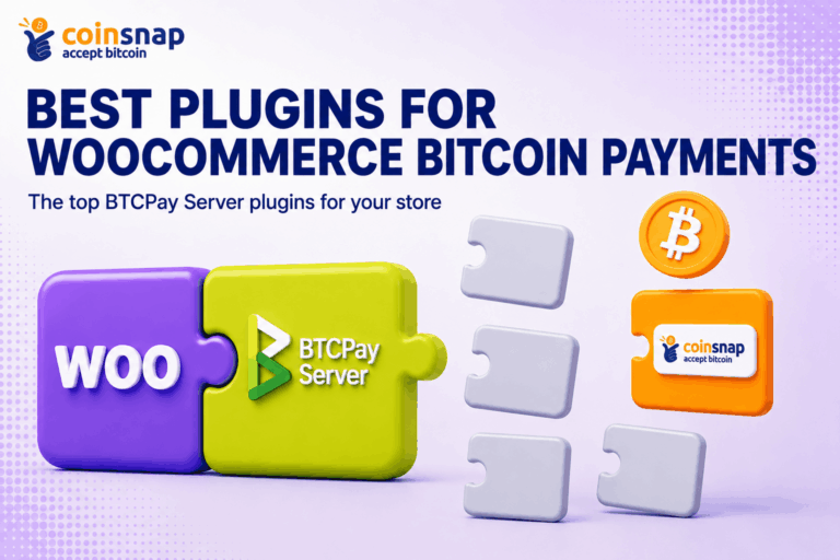 Lime-green BTCPay Server block with an orange Coinsnap puzzle piece plugging in beside grey plugin pieces, illustrating the BTCPay Server plugin made by Coinsnap