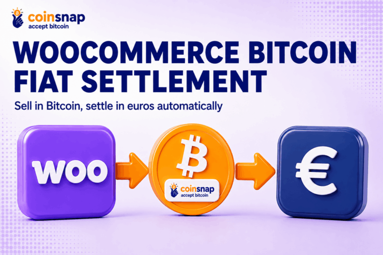 WooCommerce logo, Bitcoin coin and euro coin linked by arrows illustrating automatic WooCommerce Bitcoin fiat settlement