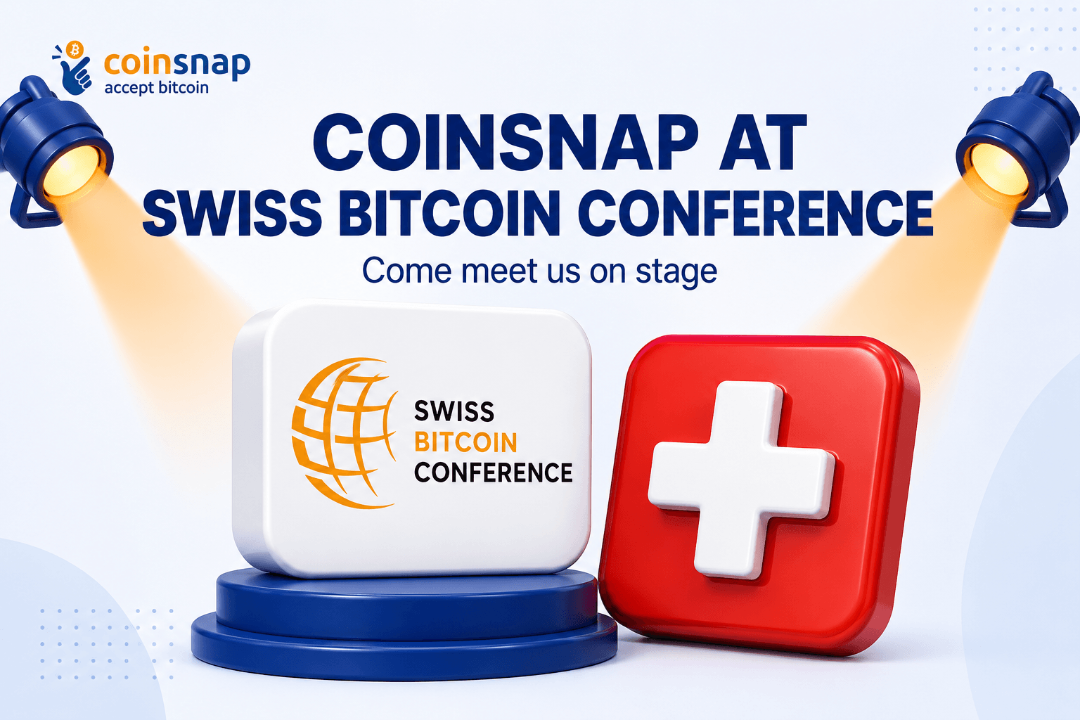 Stage spotlights, a Swiss cross, and the Swiss Bitcoin Conference logo