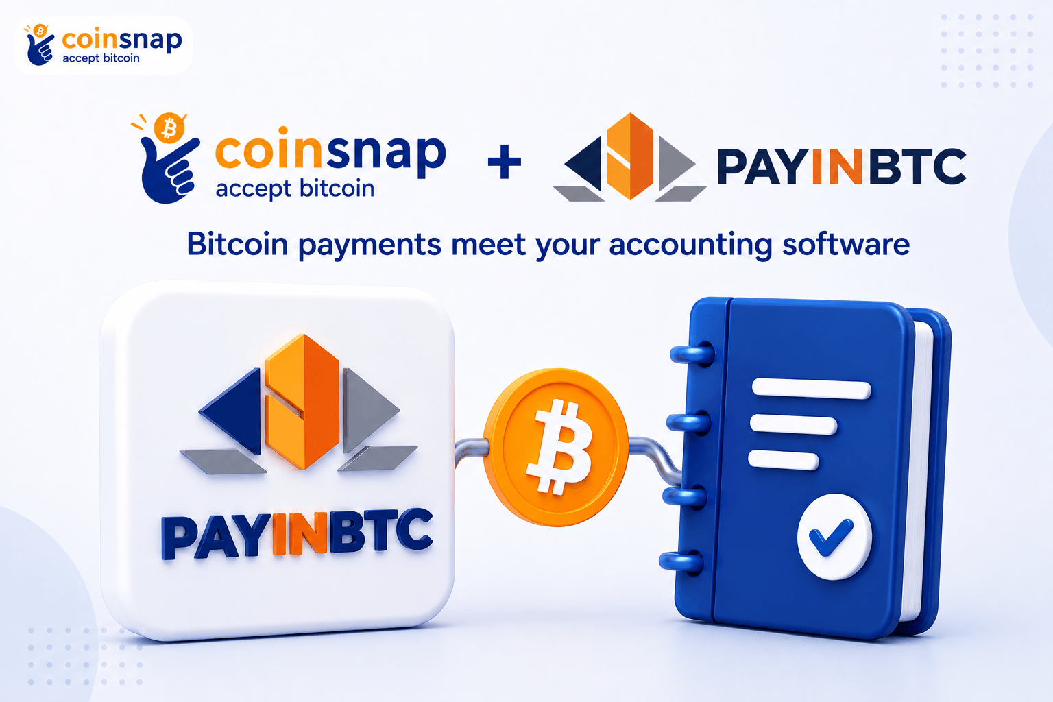 Coinsnap and PayinBTC.me logos linked by a Bitcoin coin with an accounting ledger icon