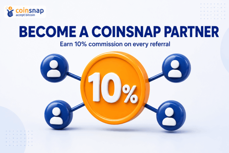Graphic for the Coinsnap Partner Program showing a coin linked to four referral contacts