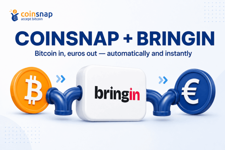 Bitcoin and euro coin connected by pipes with the Bringin logo in the middle