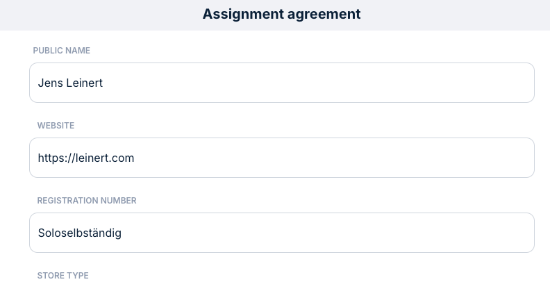 Step 5: Accept the DFX Assignment Agreement After you have provided the required information about your business, DFX presents the Assignment Agreement for your bank payouts. Under this agreement, you assign the relevant receivables from the sale of your goods or services to DFX for payment processing. This enables DFX to receive your customers’ Bitcoin payments, convert them into fiat and settle the proceeds to your bank account. The agreement also specifies the DFX processing fee of 0.2%, which is deducted from the amount paid out to your bank account. Read the agreement carefully and, if you agree to its terms, confirm: I accept the agreement DFX records your acceptance and also sends you an email confirming the concluded Assignment Agreement.
