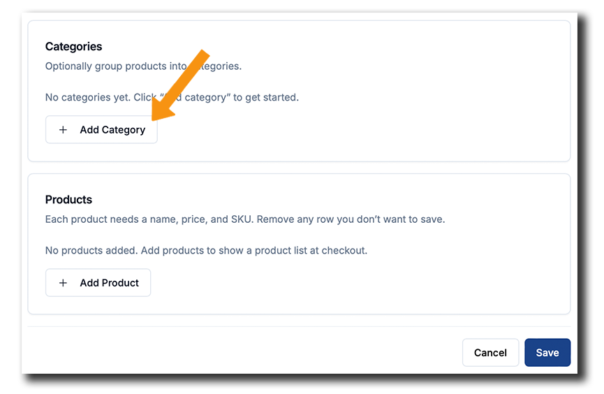Coinsnap Dashboard: Scroll to the Categories section and click "Add Category" to organize your product catalogue.