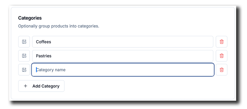 Coinsnap Dashboard: Create product categories such as Coffees and Pastries to organize your product catalogue.