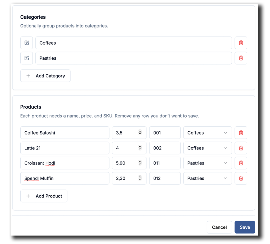 Coinsnap Dashboard: Add products with names, prices, SKUs and categories to build your Bitcoin POS product catalogue.