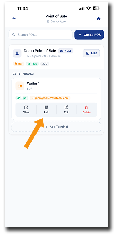 Coinsnap Wallet app showing the Pair button for assigning the Waiter 1 Bitcoin POS terminal to a staff member.