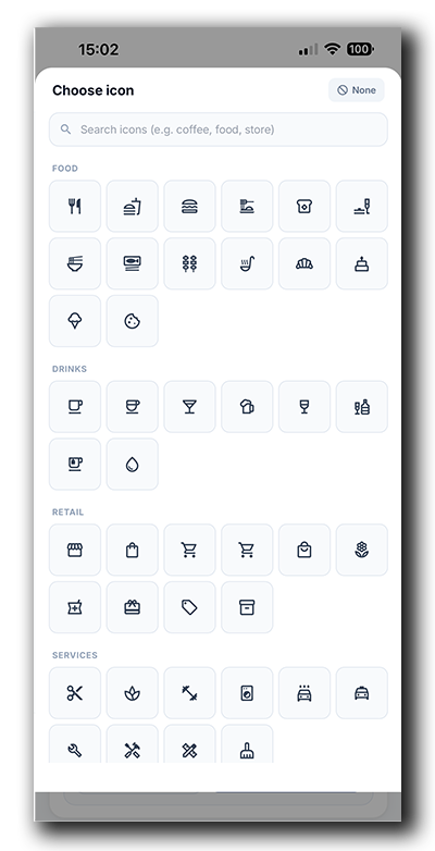 Coinsnap POS product icon selector with icons for food, drinks, retail products and services.