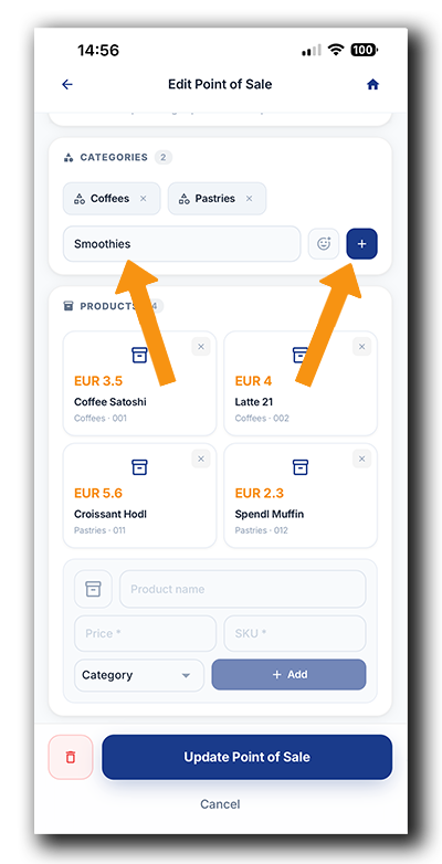 Coinsnap Bitcoin POS app: Enter a product category name and tap the plus button to add it to the POS catalogue.