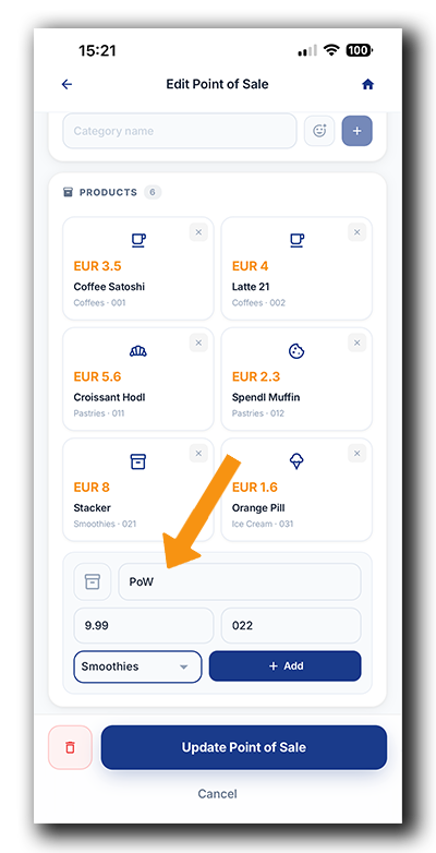 Coinsnap Bitcoin POS app: Add a product by entering its name, price and SKU and assigning it to a product category.