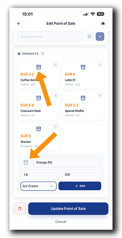 Coinsnap Bitcoin POS app: Tap the product icon to choose an icon for a product in your POS catalogue.