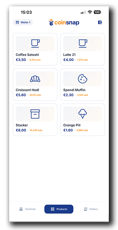 Coinsnap Bitcoin POS terminal showing a product catalogue with individual product icons, names, prices and Bitcoin values.