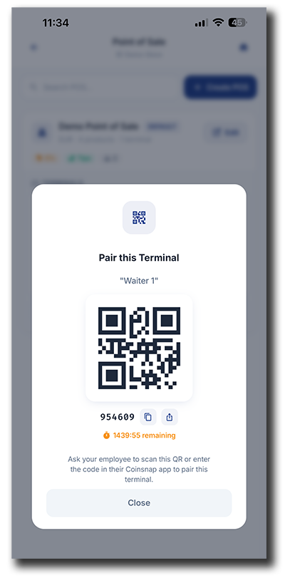 Coinsnap Wallet app displaying a QR code and pairing code for connecting the Waiter 1 POS terminal to a staff member’s smartphone.