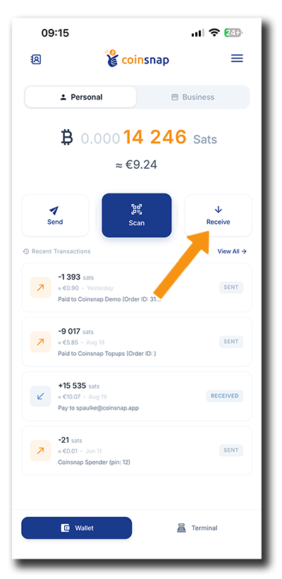 Coinsnap Bitcoin Wallet showing the Receive button to accept a Bitcoin payment