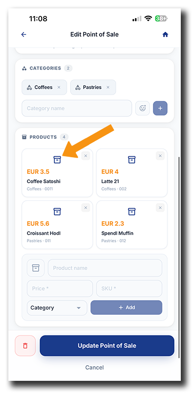 Coinsnap Wallet app showing where to tap a product icon to change it in the Bitcoin POS product catalogue.