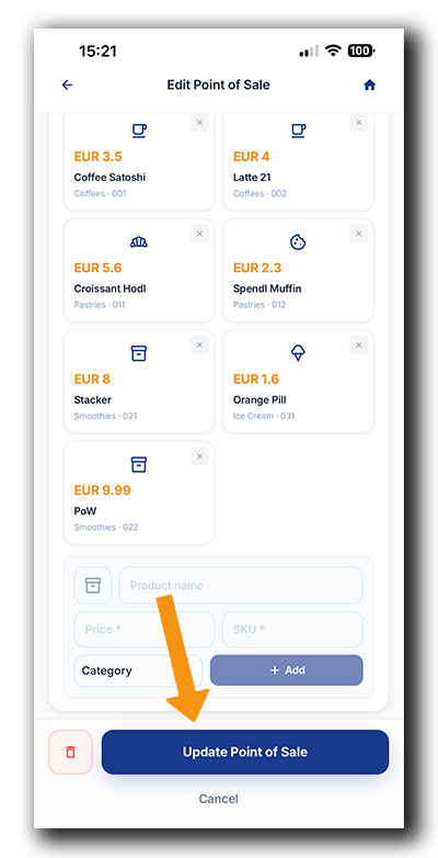 Coinsnap Bitcoin POS app: Save newly created products and categories by tapping Update Point of Sale.