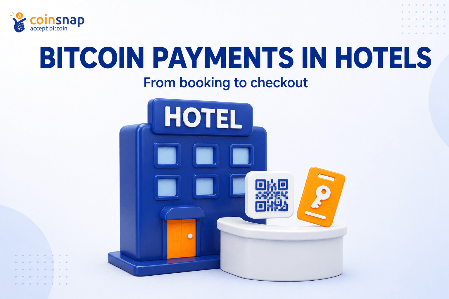 Hotel building with QR code and key card illustrating Bitcoin payments in hotels
