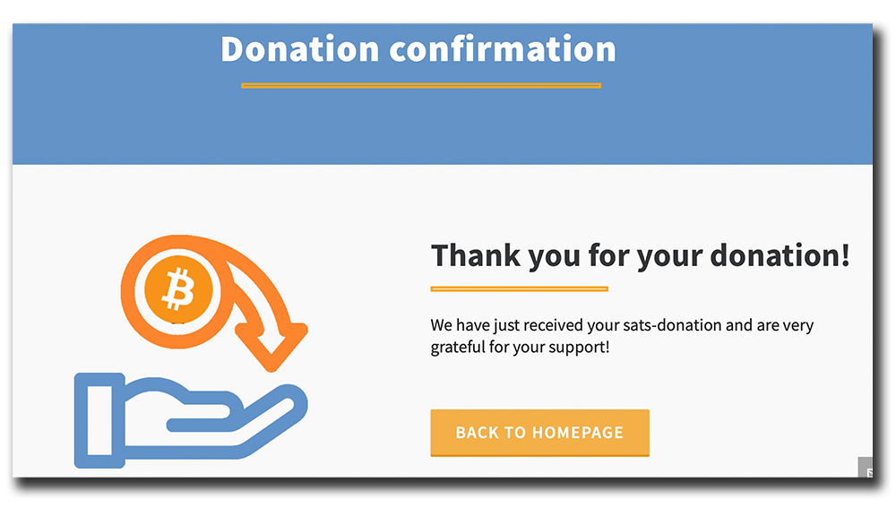 Bitcoin donation confirmation after successful Lightning payment with Coinsnap Wallet
