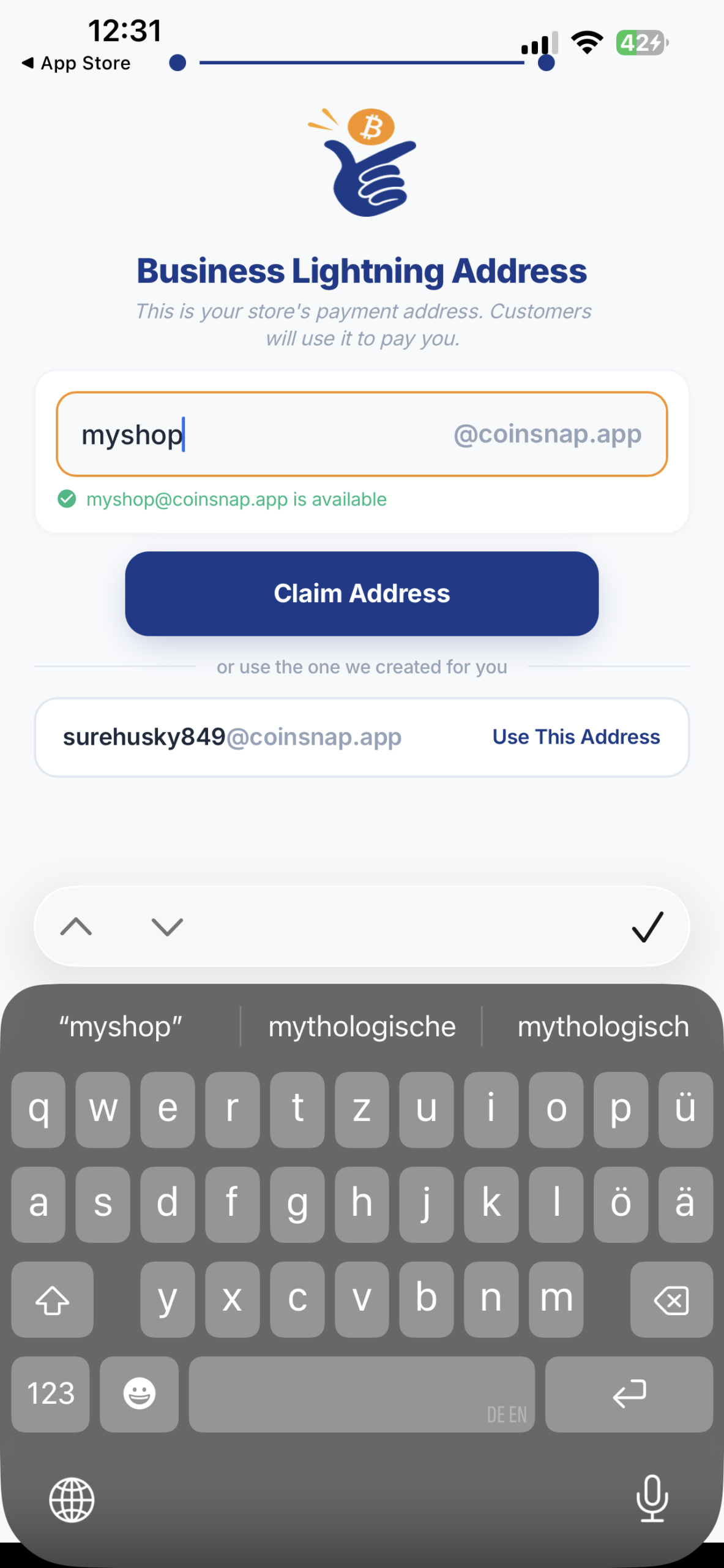 Coinsnap Bitcoin Wallet setup screen for creating a business Lightning Address by selecting a unique @coinsnap.app payment address for customer payments.