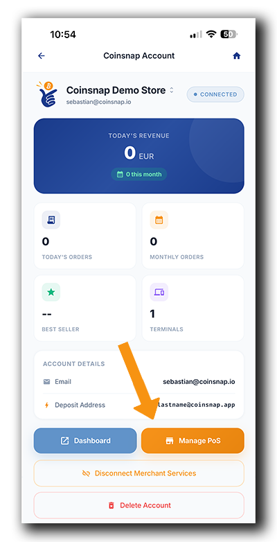 Coinsnap Terminal setup: Tap "Manage POS" from your Coinsnap merchant account to manage your Point of Sale and payment terminals.
