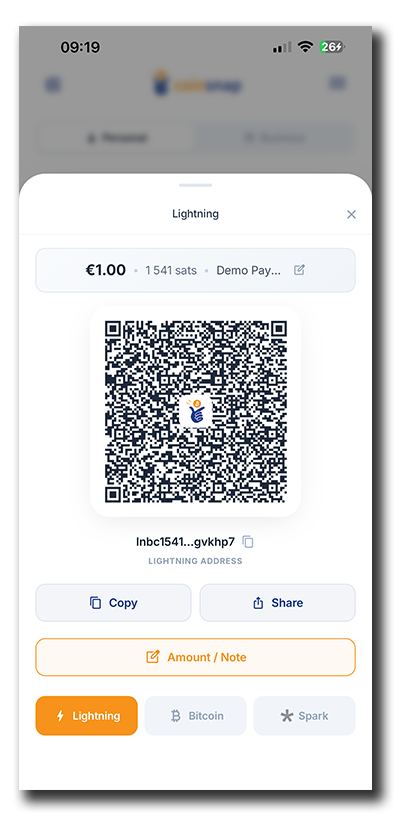 Coinsnap Bitcoin Wallet showing a Lightning QR code for a €1 payment request