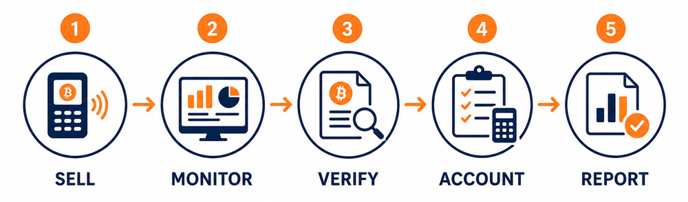 Coinsnap POS workflow from Bitcoin sale to business reporting: Sell, Monitor, Verify, Account, and Report.