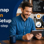 Coinsnap Bitcoin POS setup showing a merchant using a tablet to configure Bitcoin and Lightning payments