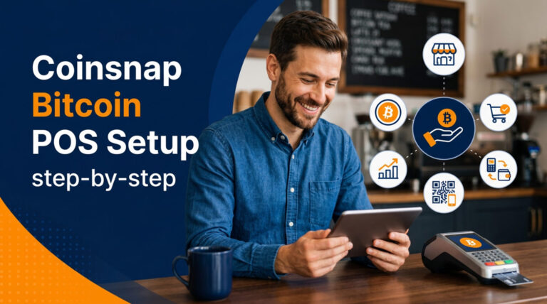 Coinsnap Bitcoin POS setup showing a merchant using a tablet to configure Bitcoin and Lightning payments