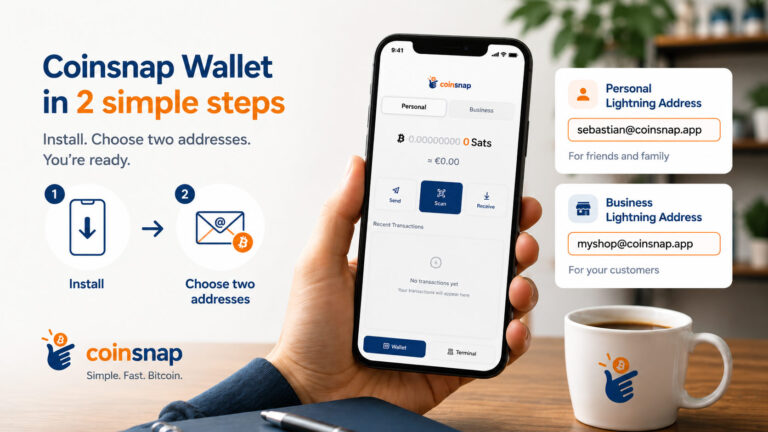Coinsnap Bitcoin Wallet setup guide showing how to install the app and complete the Coinsnap Bitcoin Wallet setup by choosing personal and business Lightning Addresses.