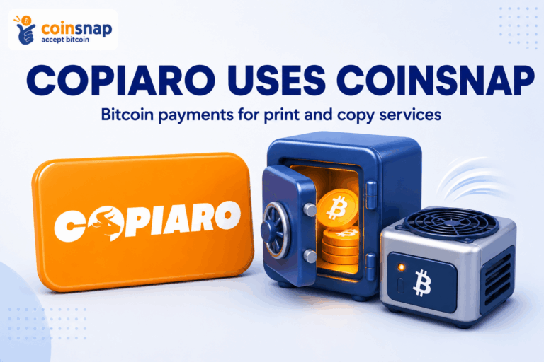 Copiaro logo next to a safe with Bitcoin coins showing the Coinsnap integration