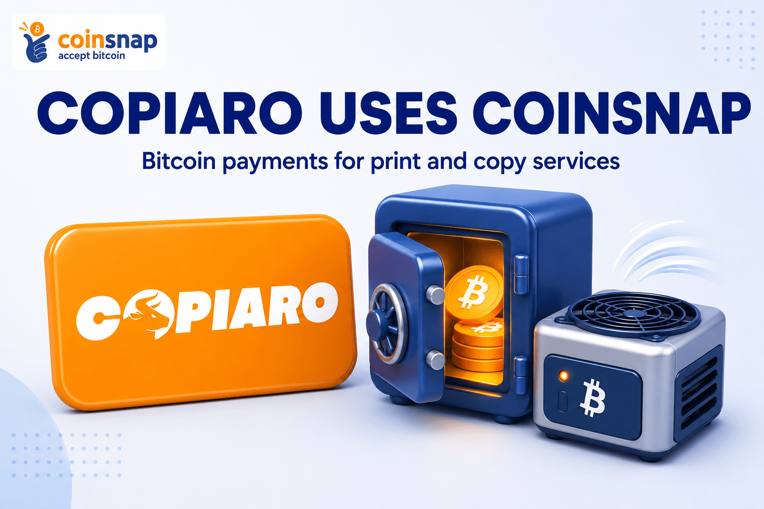 Copiaro logo next to a safe with Bitcoin coins showing the Coinsnap integration