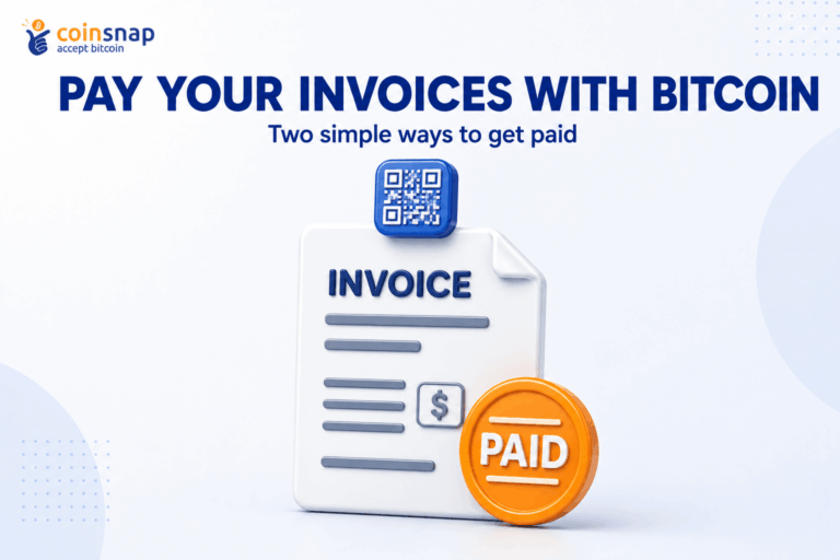 Invoice with QR code and Bitcoin coin illustrating paying invoices with Bitcoin