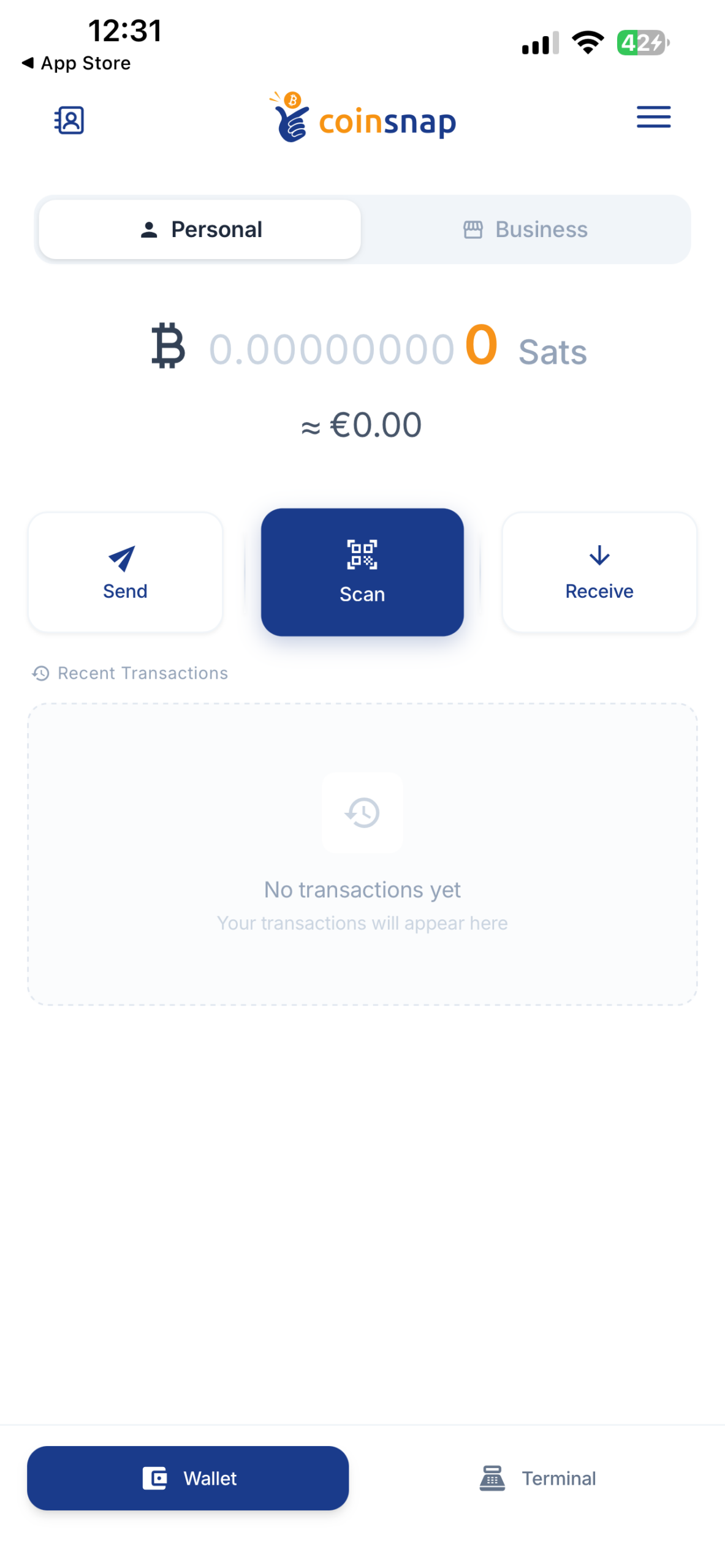 Coinsnap Bitcoin Wallet home screen showing Personal and Business accounts with options to send, receive, and scan Bitcoin Lightning payments.