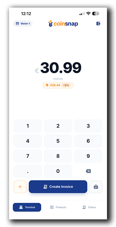 Coinsnap Terminal ready to accept Bitcoin and Lightning payments using the keypad or product catalogue.