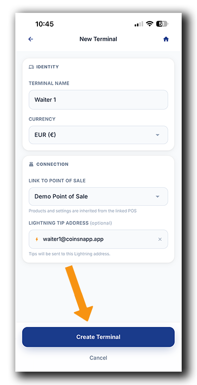 Coinsnap Terminal setup: Configure the terminal name, currency, linked Point of Sale and optional Lightning Tip Address before creating the terminal.