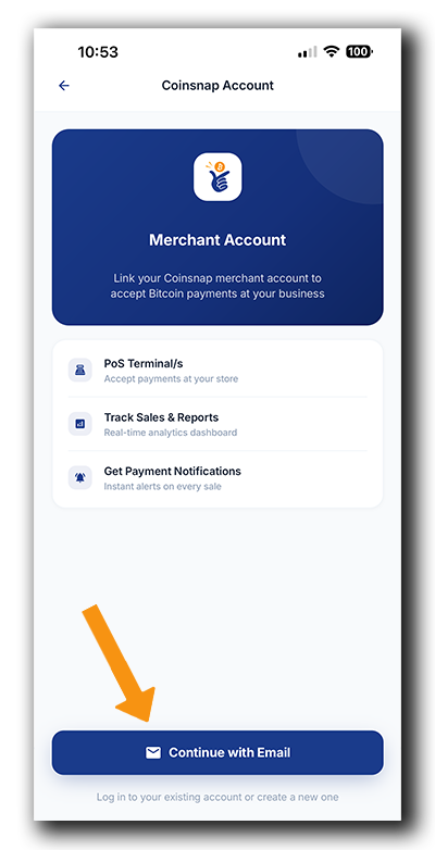 Coinsnap Bitcoin POS setup: Tap "Continue with Email" to connect your Coinsnap account to the Coinsnap Wallet.