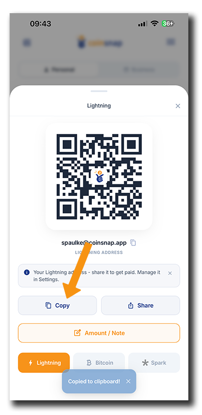 oinsnap Bitcoin Wallet Copy button for copying a Lightning payment request to the clipboard