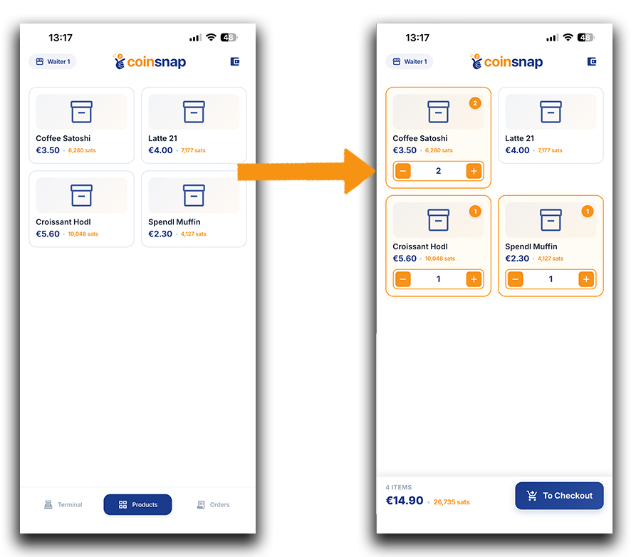 Coinsnap Bitcoin POS terminal displaying a synchronized product catalogue and a completed customer order ready for checkout.