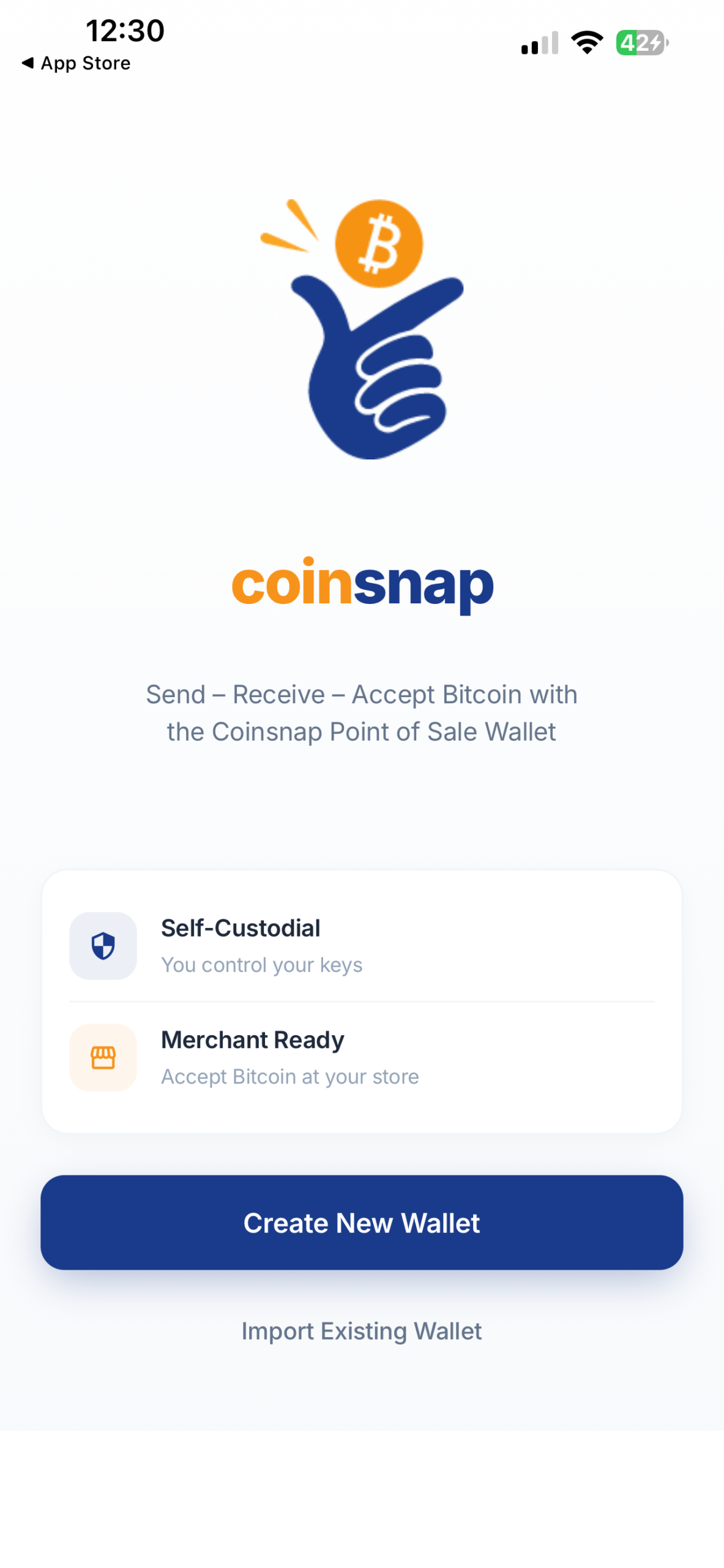 Coinsnap Bitcoin Wallet welcome screen with the Create New Wallet button, the first step in creating a new Bitcoin wallet.