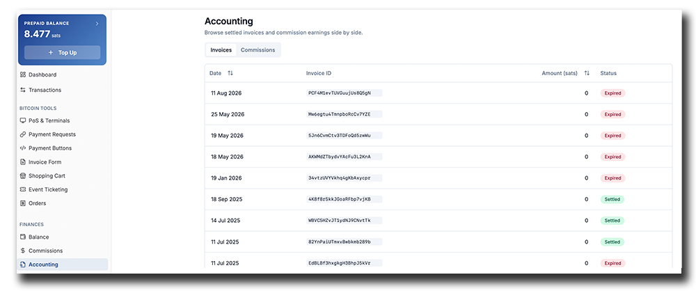 Coinsnap POS Dashboard Accounting section showing settled invoices and commission earnings with dates, invoice IDs, amounts, and status.