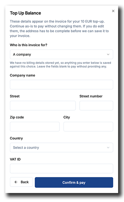 Coinsnap POS Dashboard top-up form for confirming company and invoice details before payment.