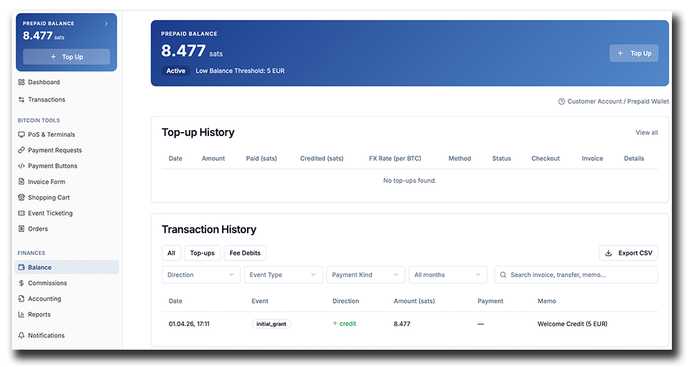 Coinsnap POS Dashboard Balance section showing prepaid fee balance, top-up history, transaction history, and fee debits.