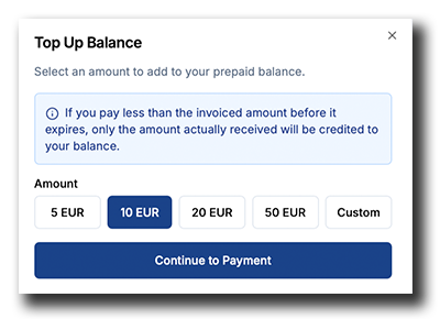 Coinsnap top-up dialog for selecting a prepaid balance amount before paying Bitcoin fees.