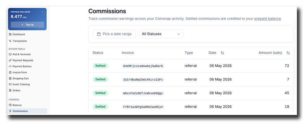 Coinsnap POS Dashboard Commissions section for tracking referral commission earnings by date, status, and amount.