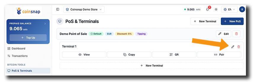 Coinsnap Terminal setup in the Dashboard: Open PoS & Terminals and click the pencil icon to configure the default terminal.