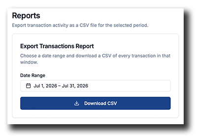 Coinsnap POS Dashboard Reports section for selecting a date range and downloading Bitcoin transaction data as a CSV file.