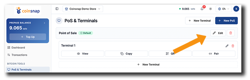 Coinsnap Bitcoin POS setup in the Dashboard: Click Edit on your Point of Sale to open and customize the POS settings.