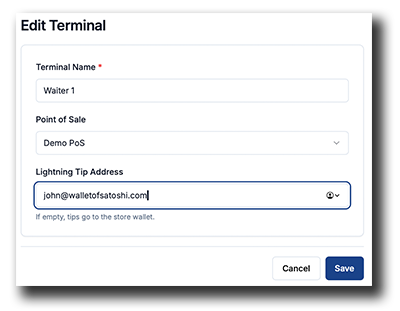 Coinsnap Bitcoin POS Edit Terminal screen for setting the terminal name, Point of Sale and Lightning Tip Address.