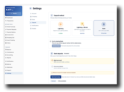 Coinsnap POS Dashboard Bank deposit settings for settling Bitcoin payments to a EUR or CHF bank account.