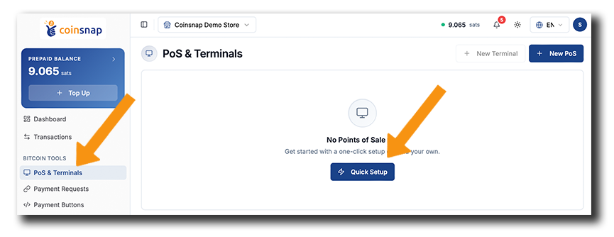 Coinsnap Bitcoin POS setup in the Dashboard: Open PoS & Terminals and click Quick Setup to create your first Point of Sale.